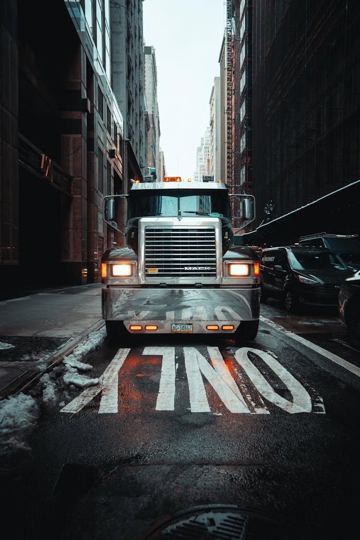 Front view of a truck on a wet street in New York City during the day.