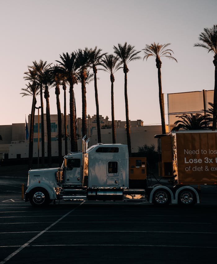 A truck parked in front of tall palm trees during sunset in Los Angeles, California.